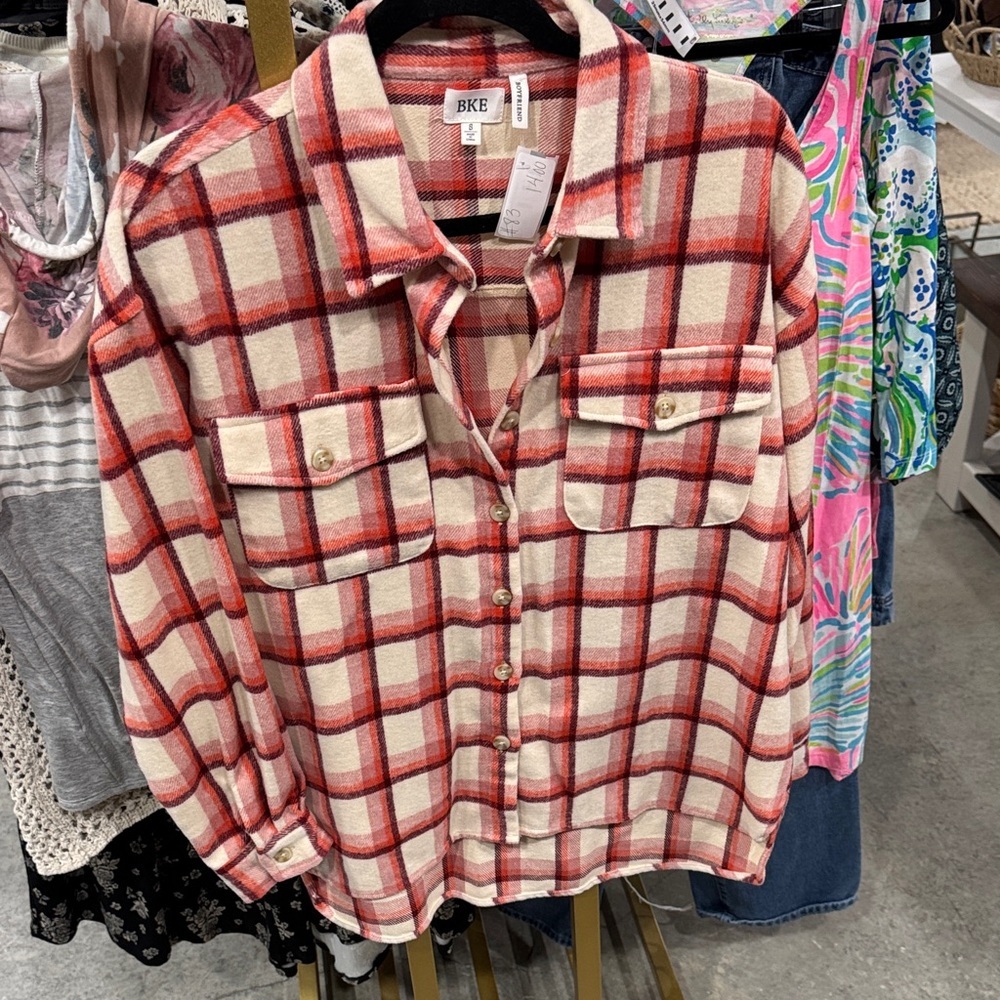 BKE Cream and Red Plaid Shirt